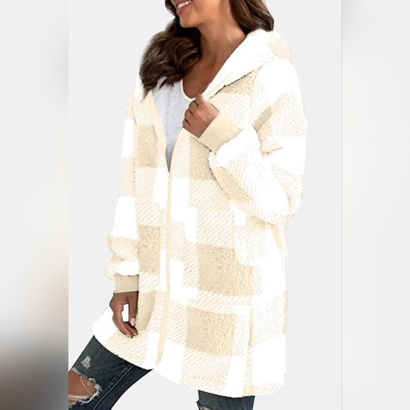 Double Take Designer White and Tan Full Size Plaid Long Sleeve Hooded Coat - Picture 3 of 3